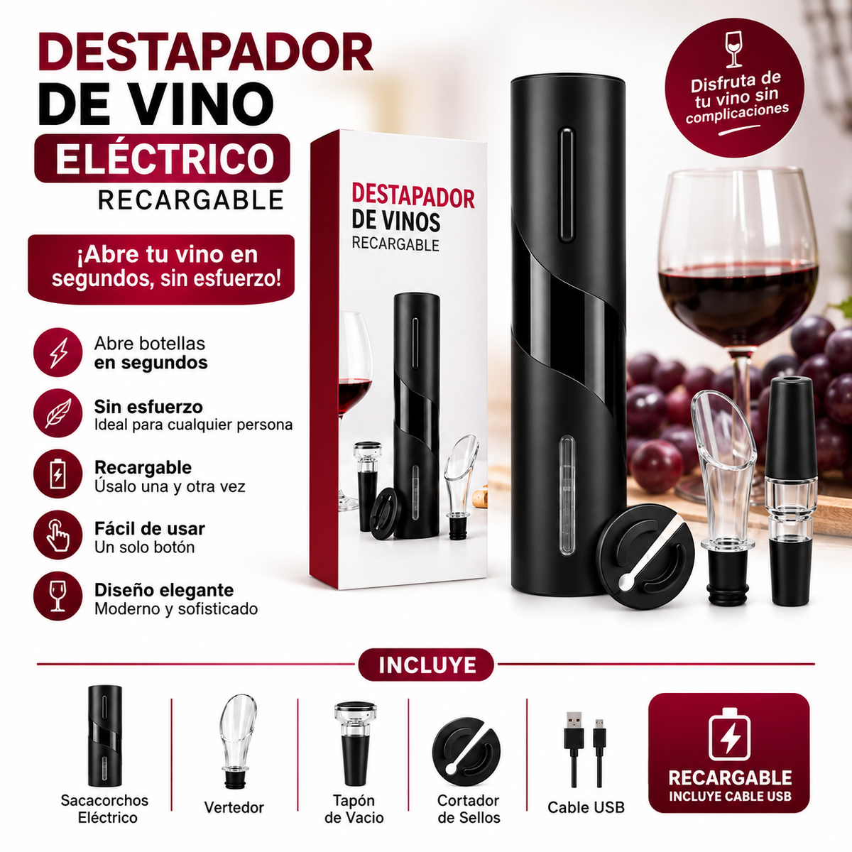 DESTAPADOR DE VINO ELECTRICO (RECARGABLE)